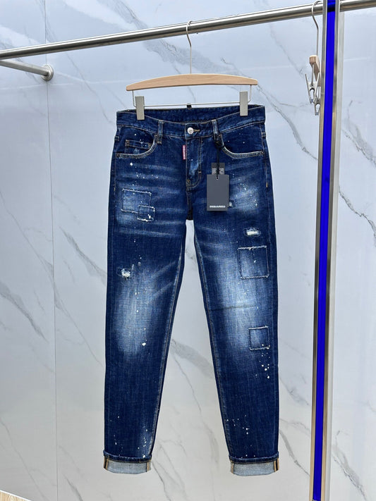 Jeans Dsquared2 Uomo Slim Fit – Denim Blu Patchwork con Effetto Vernice