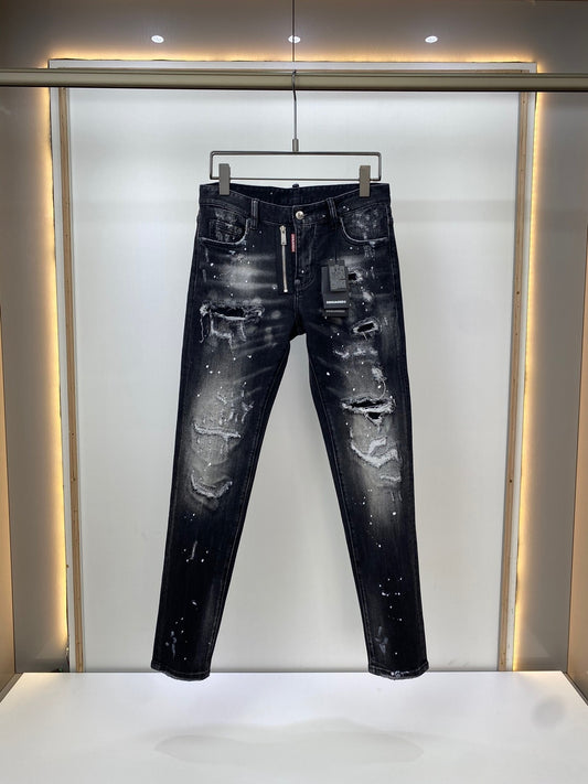Jeans Dsquared2 Uomo Slim Fit – Denim Nero Strappato con Effetto Vernice