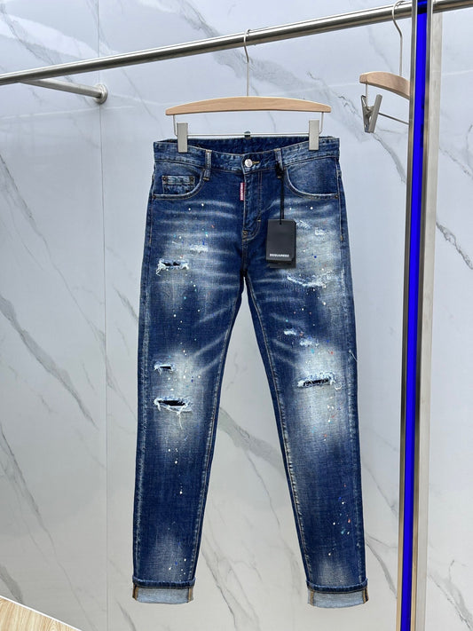 Jeans Dsquared2 Uomo Slim Fit – Denim Blu Strappato con Effetto Vernice