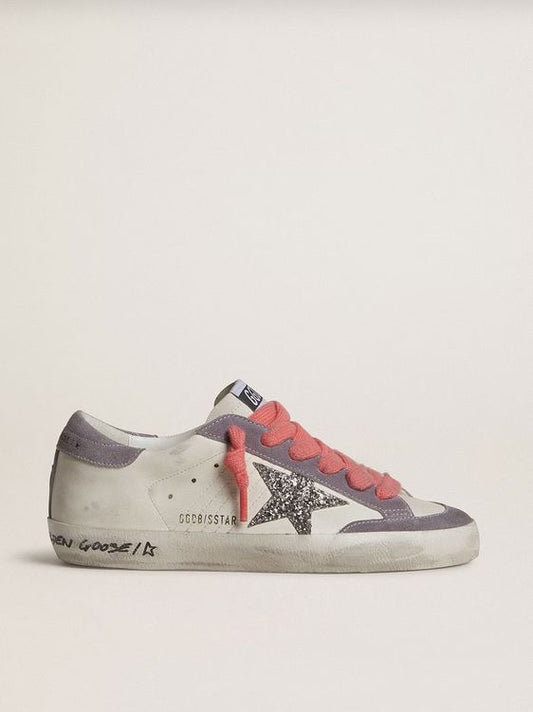 Superstar con stella glitter argento, dettagli grigi e lacci rosa