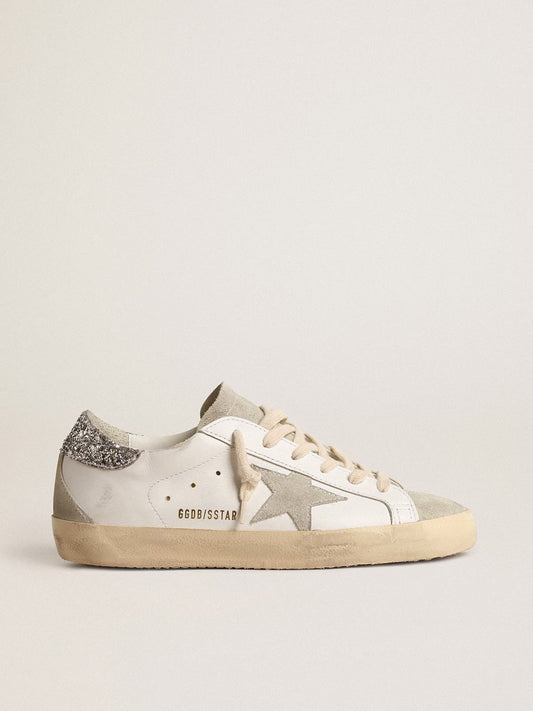 Superstar Sneakers in Pelle Bianca con Stella in Suede e Talloncino Glitter Argento