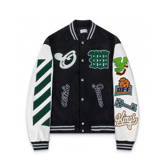 Off-White Varsity Jacket Kings nera con patch ricamate e maniche bianche