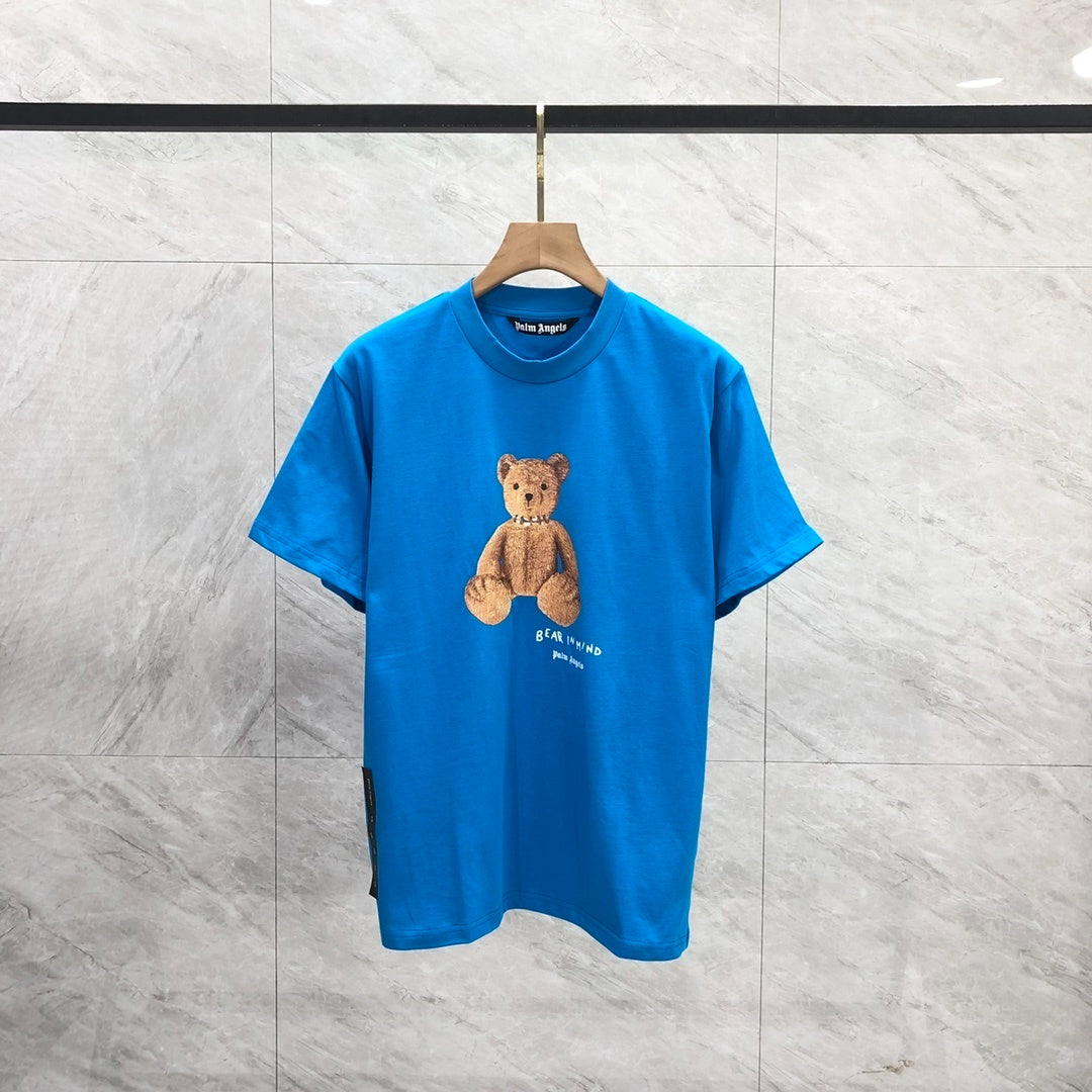 Palm Angels Bear T-Shirt blu elettrico con logo e stampa Teddy